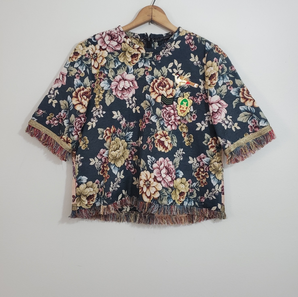 NWT Zara Woman Floral Mixed Tapestry Fringed Top